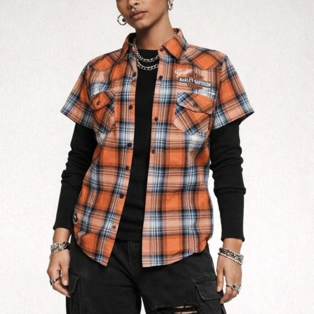 Harley-Davidson Genuine Oil Can Plaid Short Sleeve Shirt Womens Petite S Orange